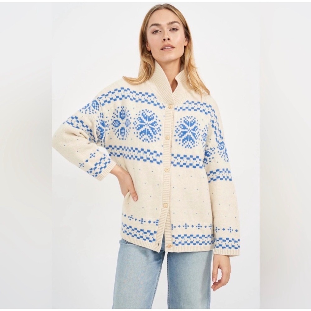 Marea by Liz Joy Wool Cashmere Nordic Cardigan Sweater Blue Cream Womens Large